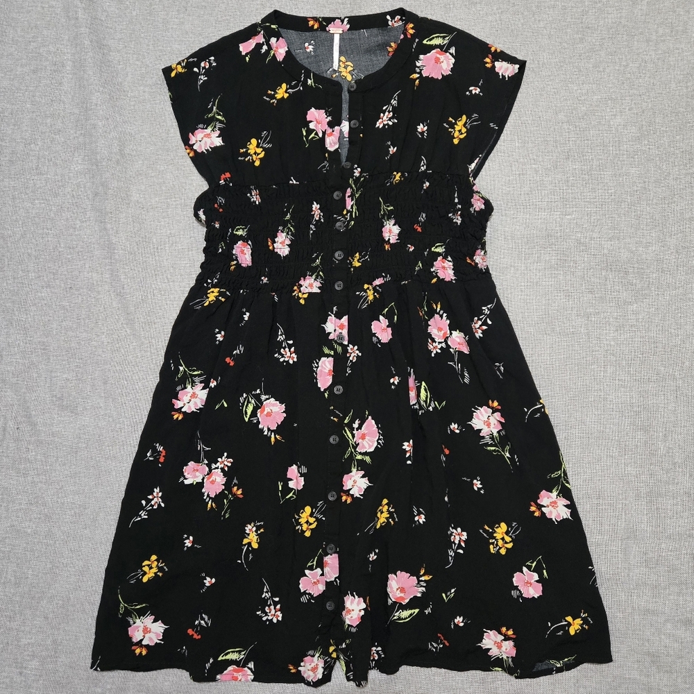 FREE PEOPLE Greatest Day Floral Dress Black Pink Yellow Smocked Waist Medium - Picture 16 of 16